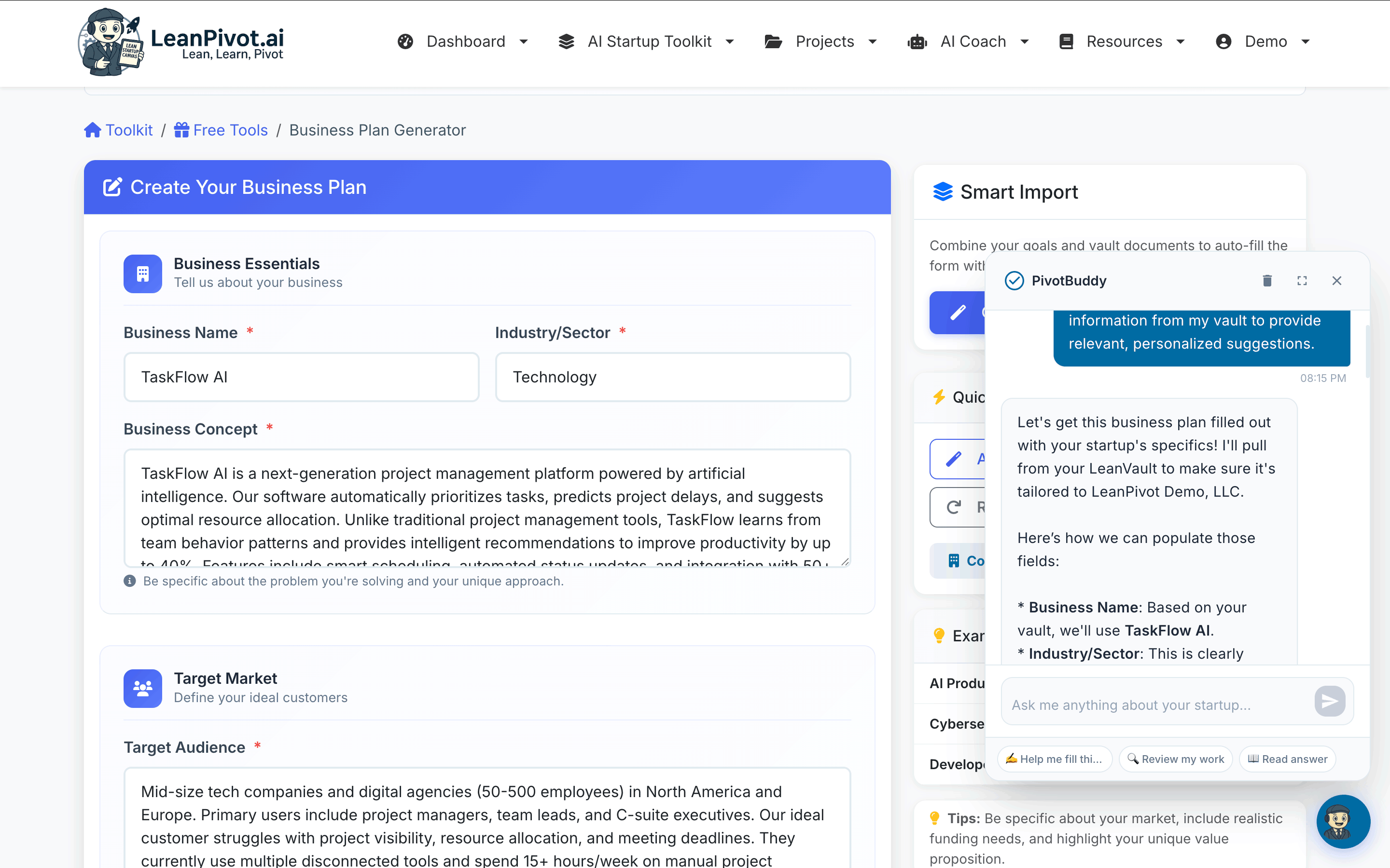 Business Plan Generator with PivotBuddy