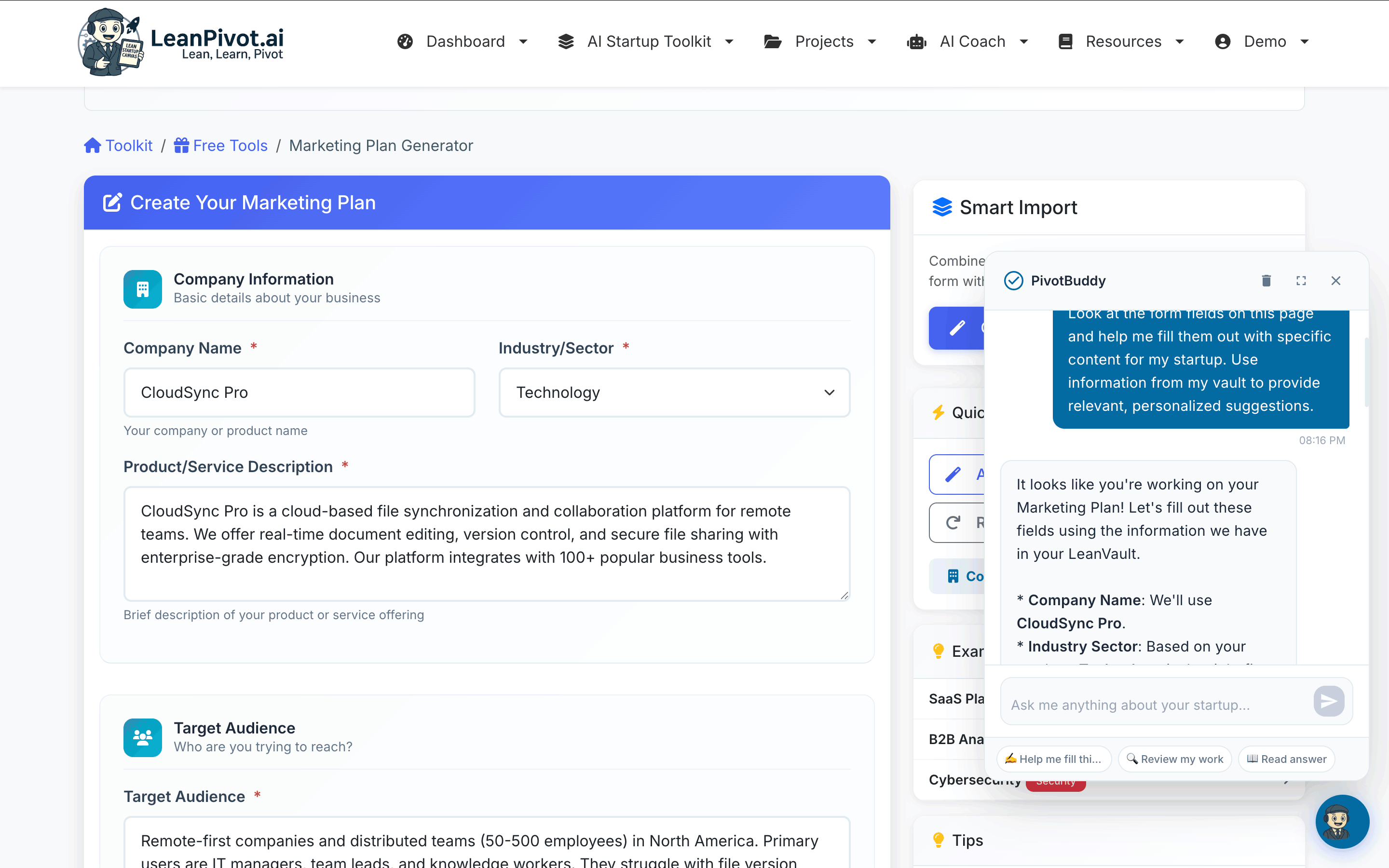 Marketing Plan Form with PivotBuddy