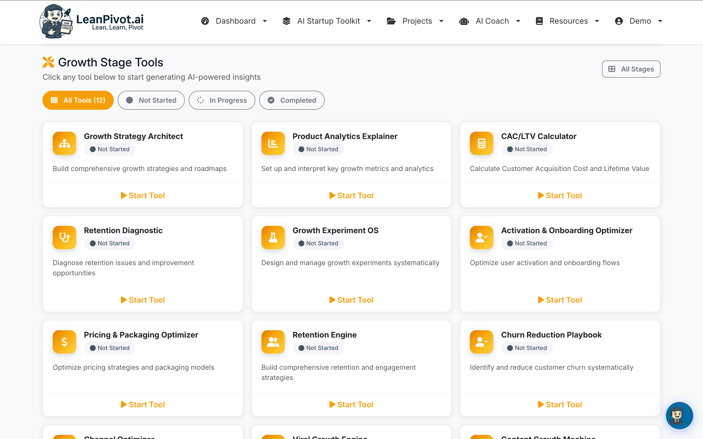 Growth Stage Tools - 21 tools across Strategy, Acquisition, Content, Lead Gen, Activation, and Retention