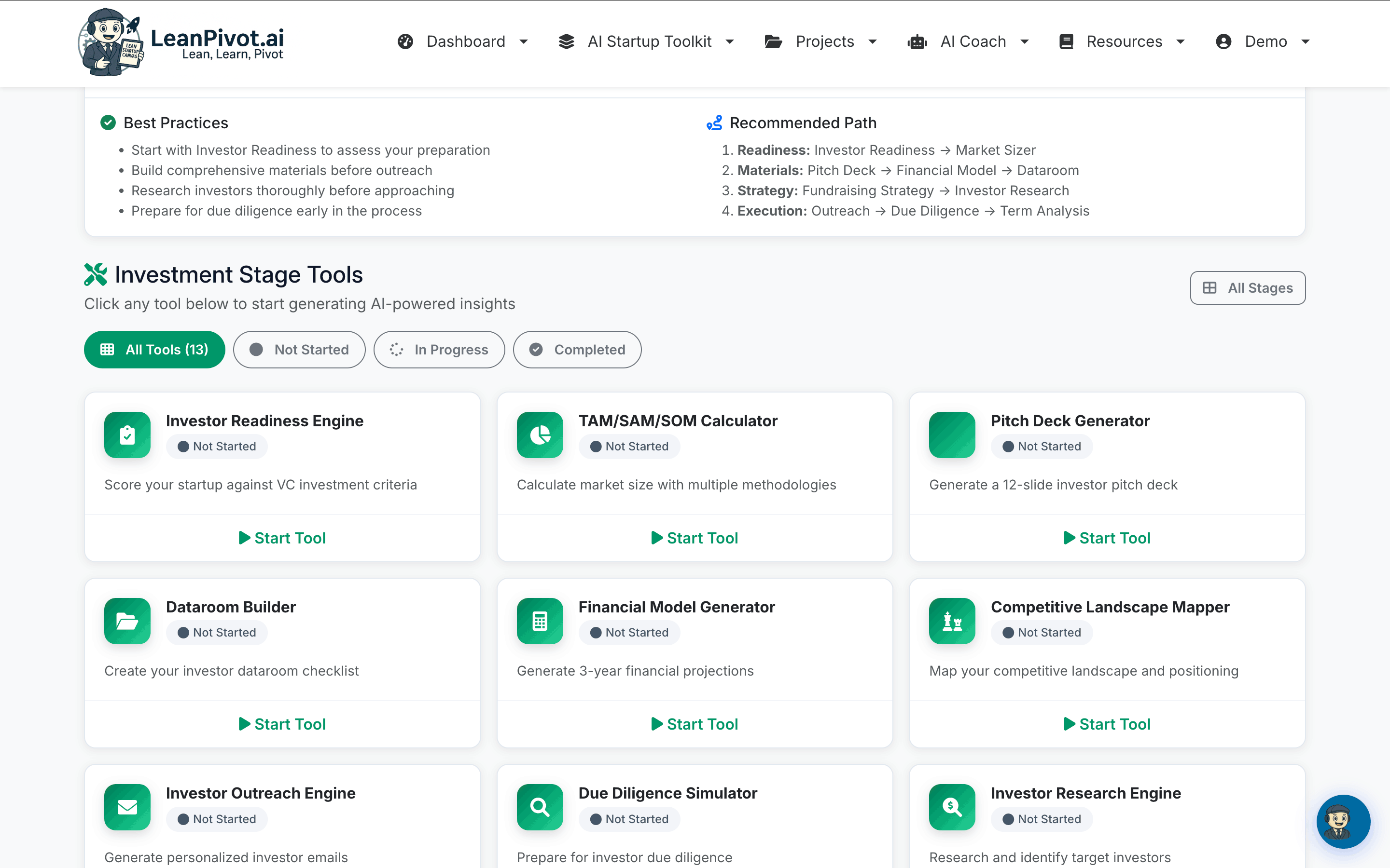 Investment Stage Tools - 13 tools across Readiness, Analysis, Materials, and Outreach