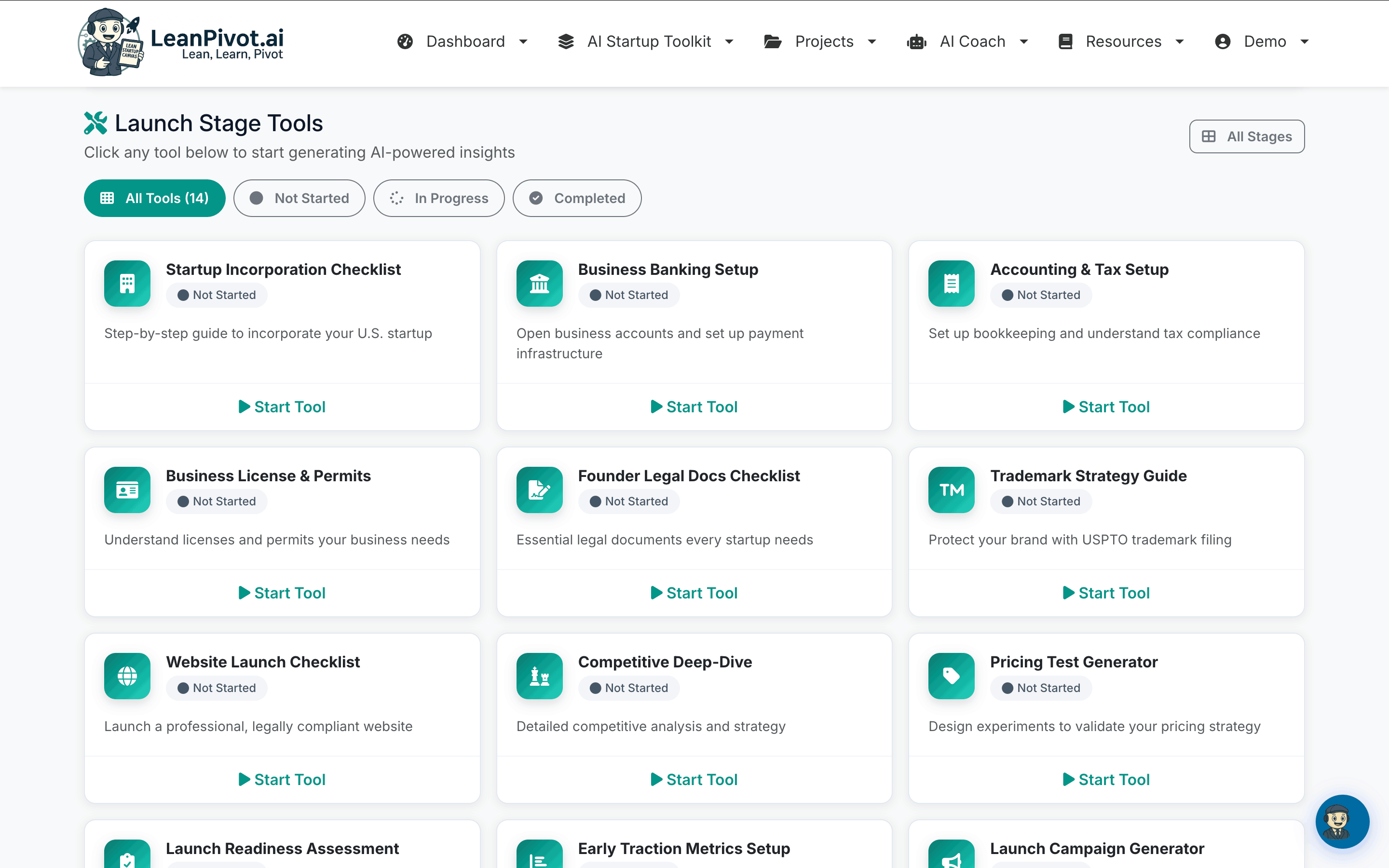 Launch Stage Tools - 22 tools across Business Formation, Legal, Market Strategy, and Go-to-Market